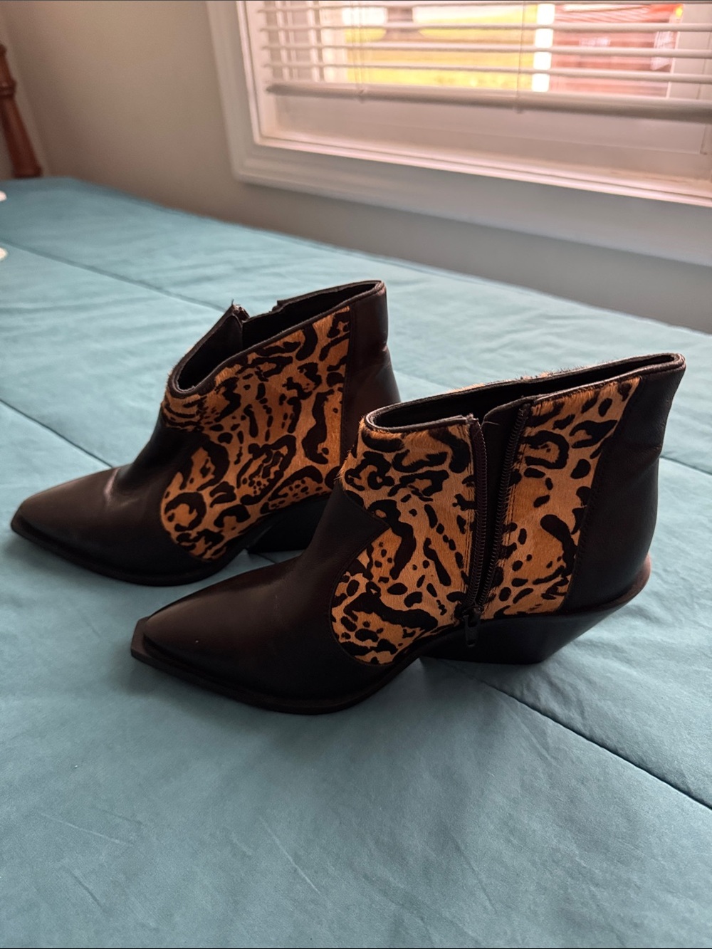 Free People Black Leather Ankle Boots with Leopard Print Panels